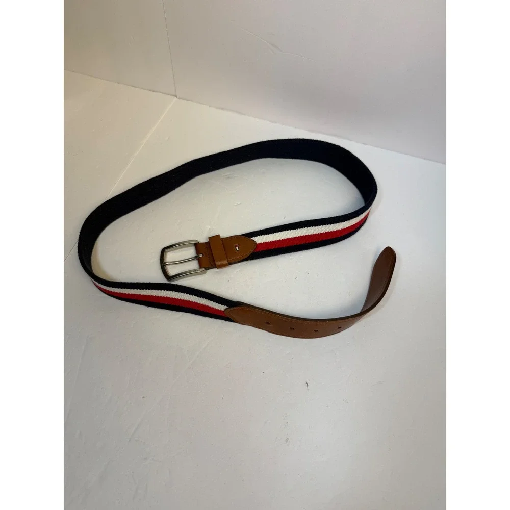 Tommy Hilfiger Mens Striped Fabric Leather Trim Belt Navy White Red Size 40/100